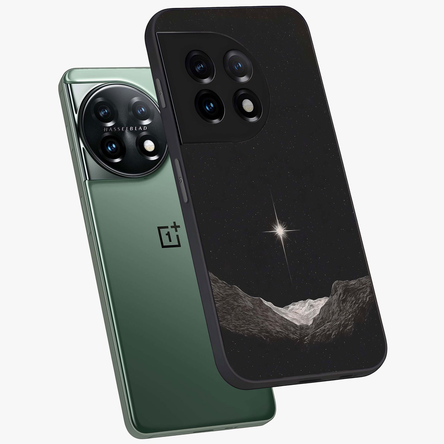 Cosmic Dream Night Glass Case for 1+11 angled mockup showcasing glossy finish and rich midnight gradients