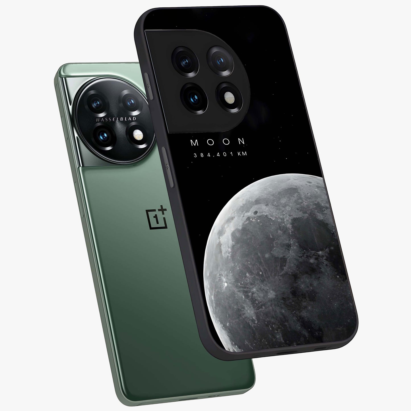 Cosmic Moon Glow Glass Case for 1+11 angled mockup showcasing glossy finish and luminous night design