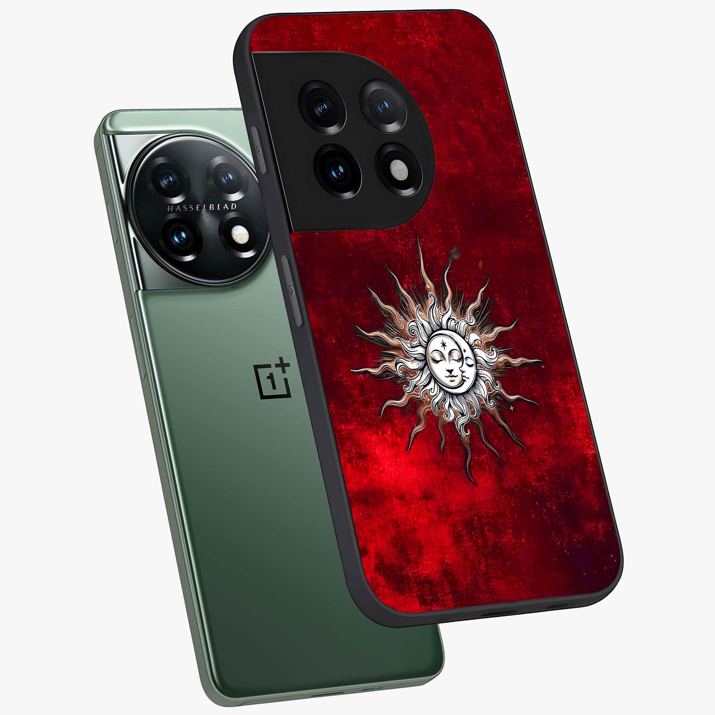 Cosmic Twin Eclipse Glass Case for 1+11 angled mockup showcasing glossy finish and bold celestial contrast