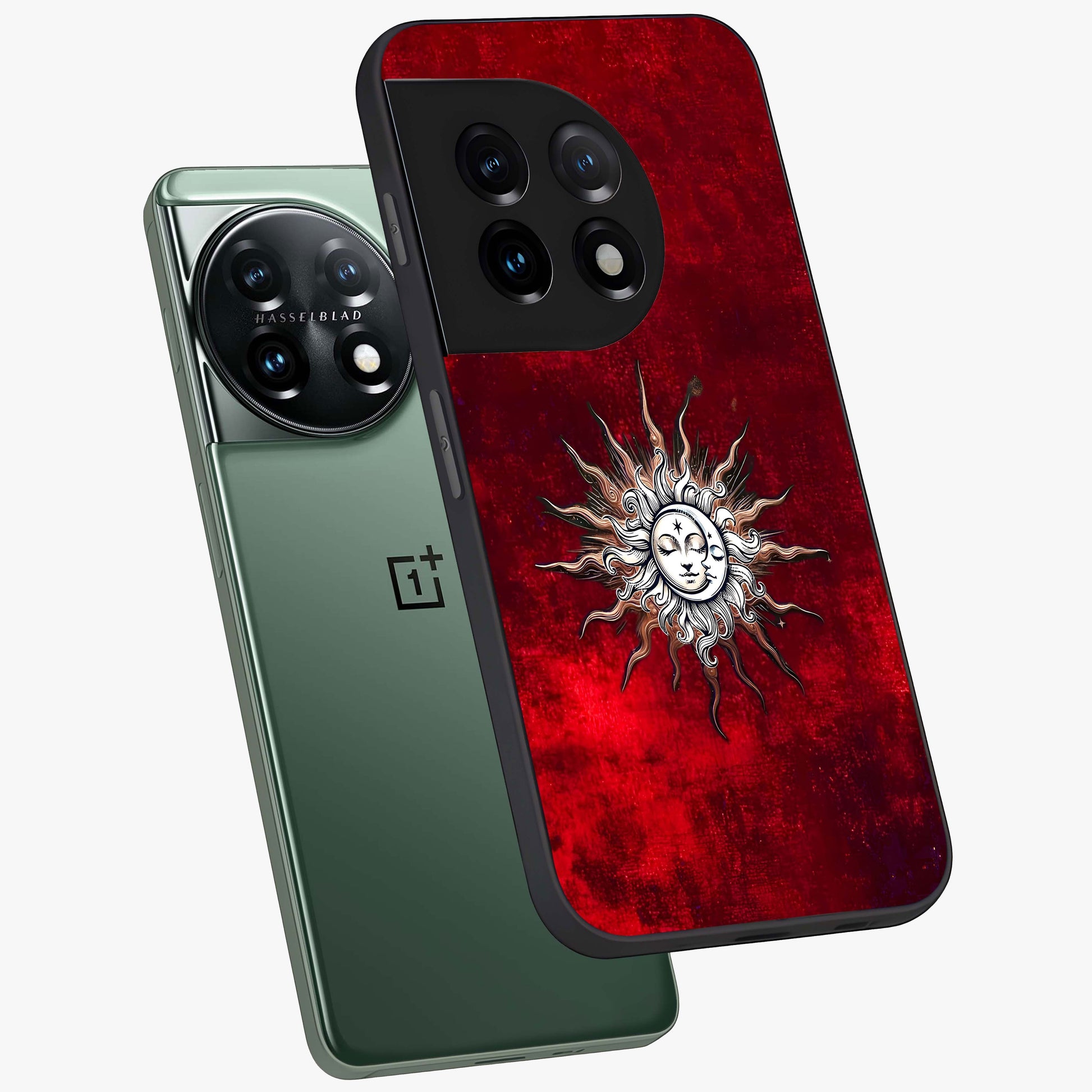 Cosmic Twin Eclipse Glass Case for 1+11 angled mockup showcasing glossy finish and bold celestial contrast