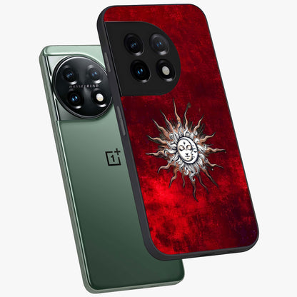 Cosmic Twin Eclipse Glass Case for 1+11 angled mockup showcasing glossy finish and bold celestial contrast