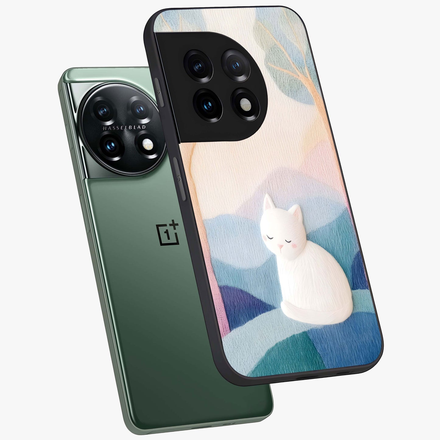 Cotton Dream Cat Glass Case for 1+11 angled mockup showcasing glossy glass finish and cozy aesthetic design