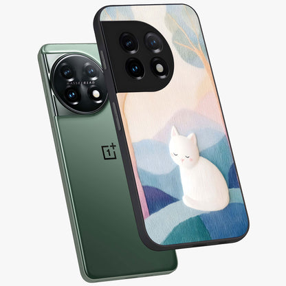 Cotton Dream Cat Glass Case for 1+11 angled mockup showcasing glossy glass finish and cozy aesthetic design