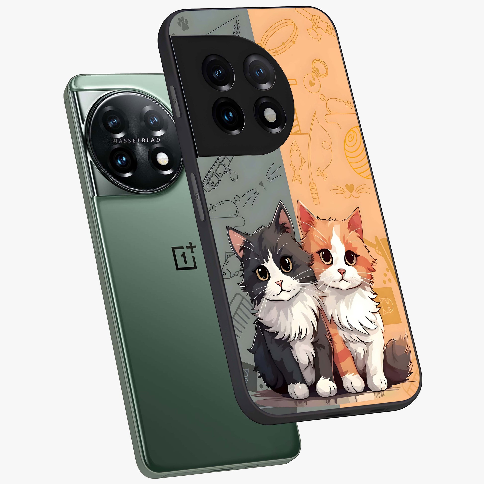 Cozy Cat Duo Glass Case for 1+11 angled mockup showcasing glossy finish and charming pastel tones