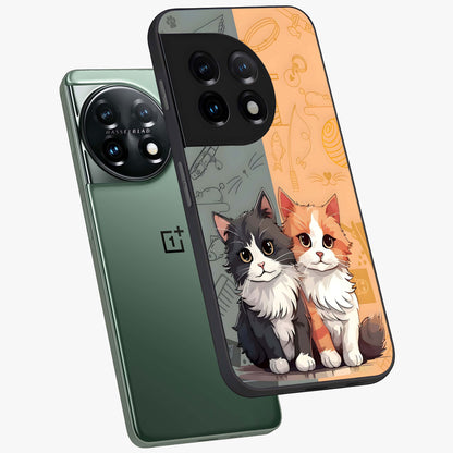 Cozy Cat Duo Glass Case for 1+11 angled mockup showcasing glossy finish and charming pastel tones