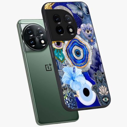 Crimson Evil Eye Charm Glass Case for 1+11 angled mockup showcasing glossy finish and vibrant symbolic detailing