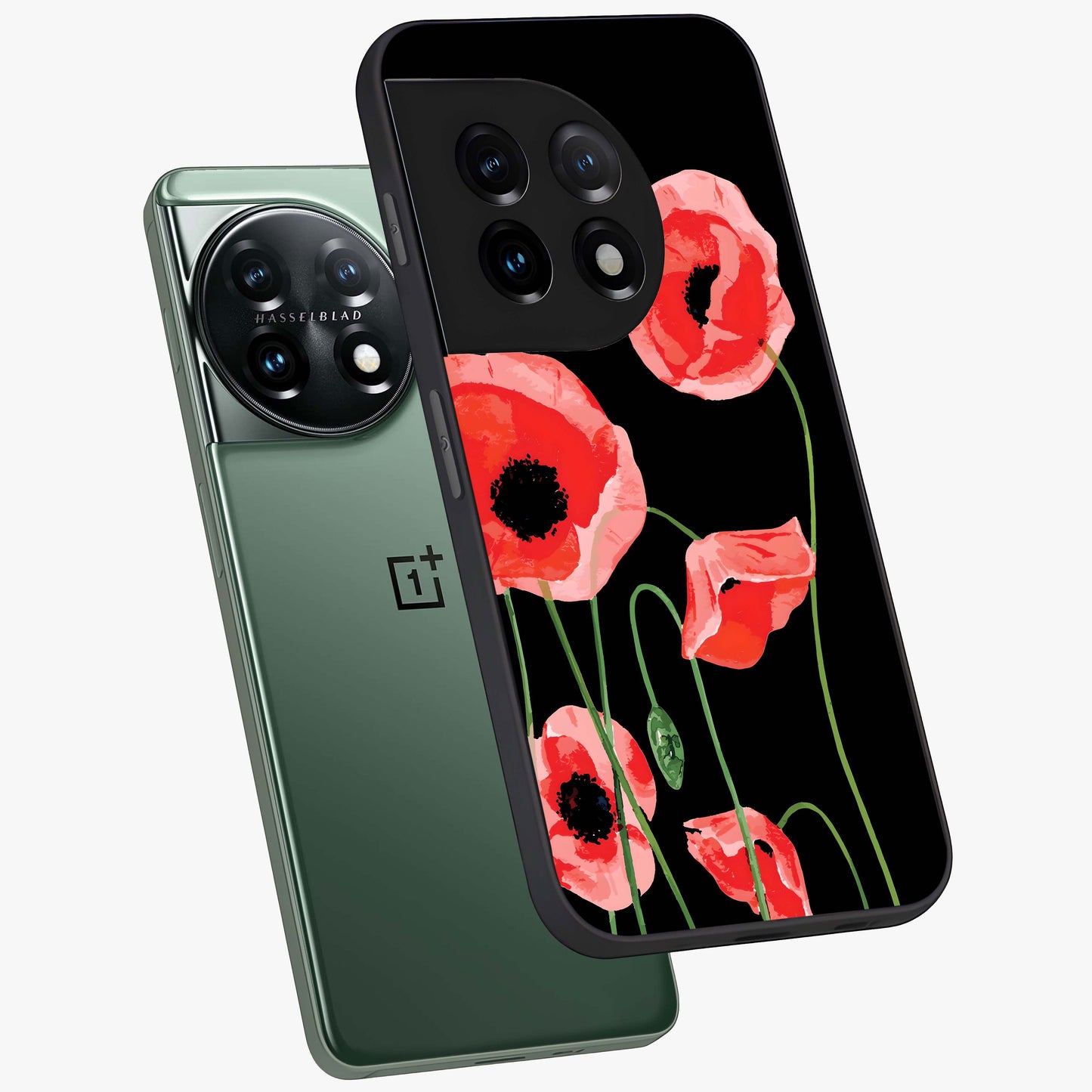 Crimson Garden Dream Glass Case for 1+11 angled mockup showcasing glossy finish and vibrant bloom detailing