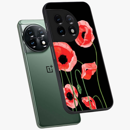 Crimson Garden Dream Glass Case for 1+11 angled mockup showcasing glossy finish and vibrant bloom detailing