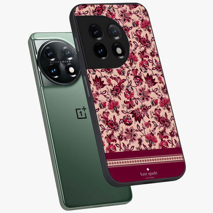 Crimson Rose Charm Glass Case for 1+11 angled mockup showcasing glossy finish and romantic floral detailing
