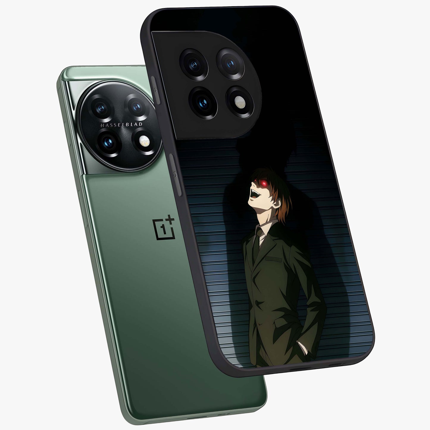 Crimson Shadow King Glass Case for 1+11 angled mockup showcasing glossy finish and dark royal aesthetic