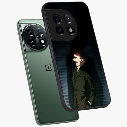 Crimson Shadow King Glass Case for 1+11 angled mockup showcasing glossy finish and dark royal aesthetic