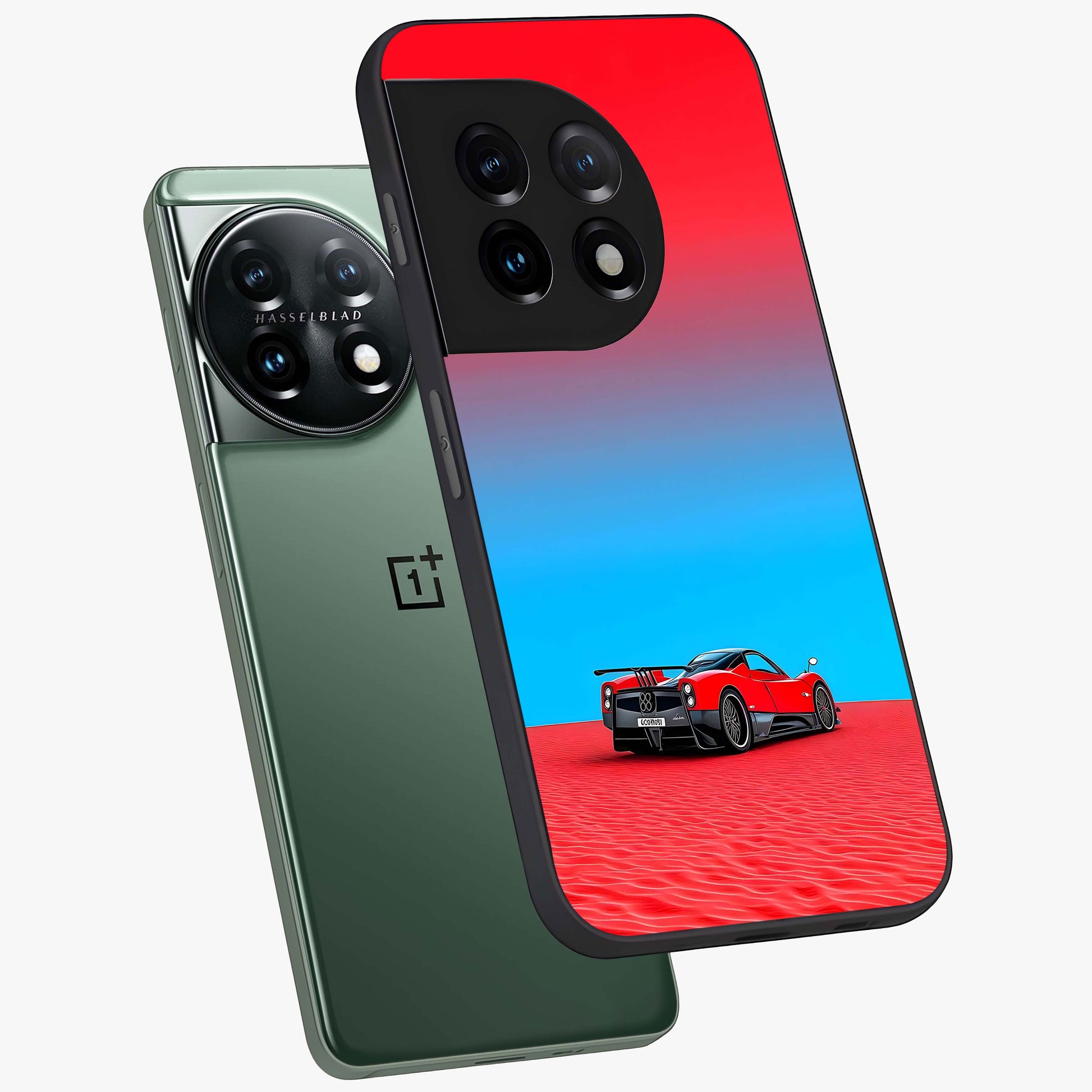 Crimson Speed Mirage Glass Case for 1+11 angled mockup showcasing glossy finish and dynamic speed detailing