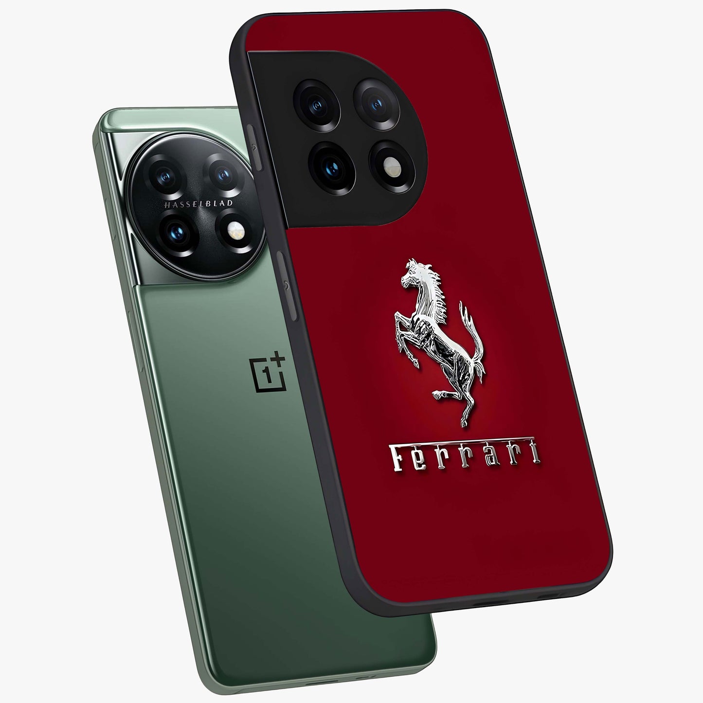 Crimson Stallion Prestige Glass Case for 1+11 angled mockup showcasing glossy finish and bold equestrian detailing