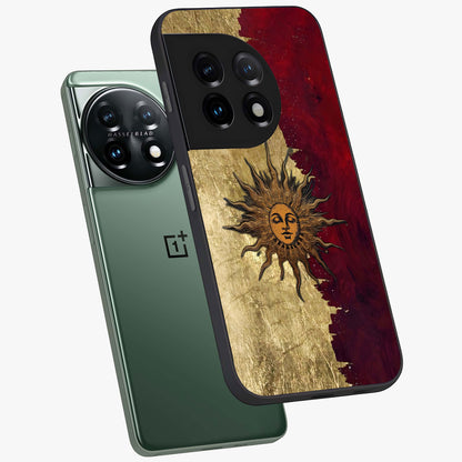 Crimson Sun Majesty Glass Case for 1+11 angled mockup showcasing glossy finish and majestic celestial tones