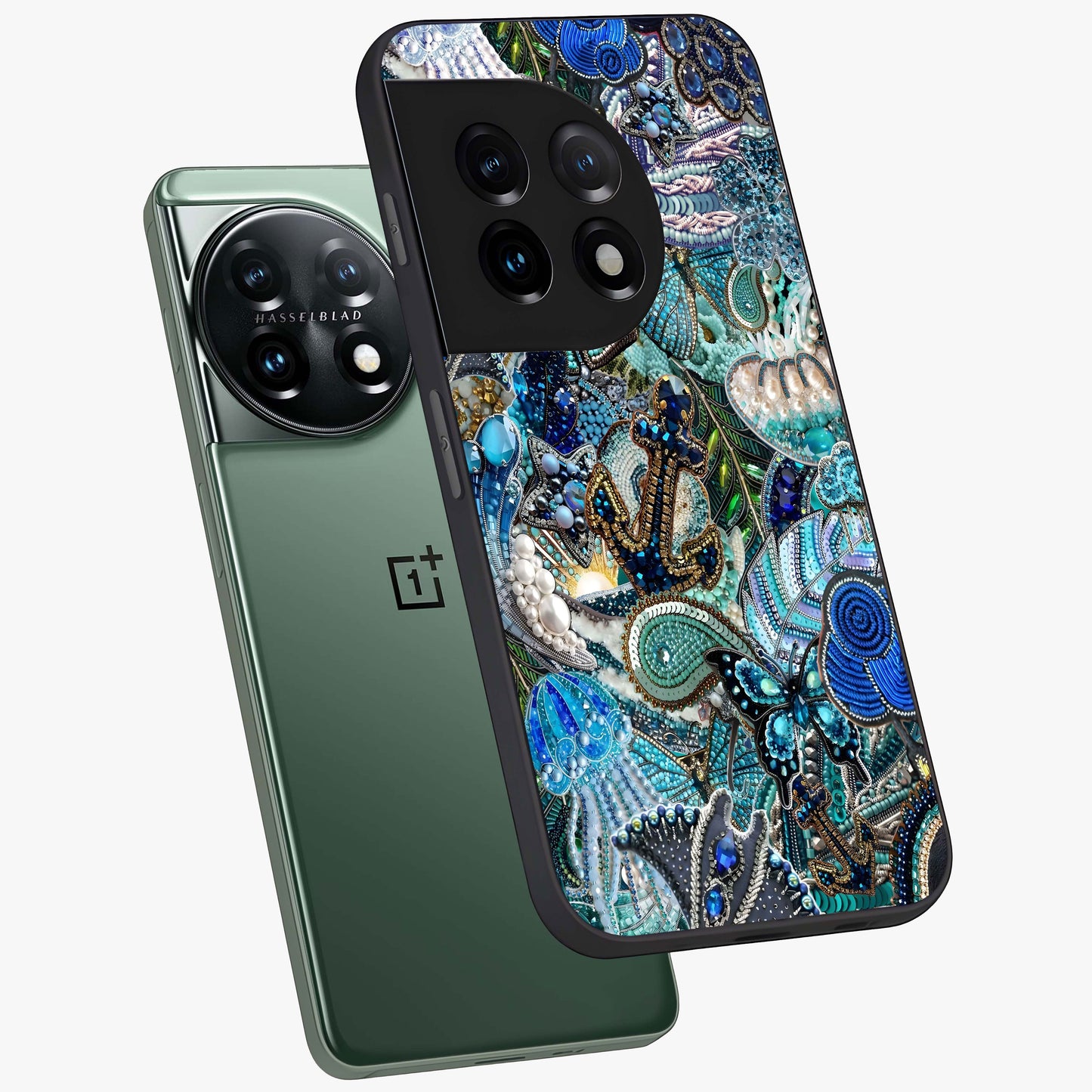 Crystal Ocean Magic Glass Case for 1+11 angled mockup showcasing glossy finish and flowing aqua tones