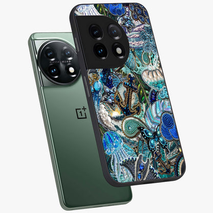 Crystal Ocean Magic Glass Case for 1+11 angled mockup showcasing glossy finish and flowing aqua tones