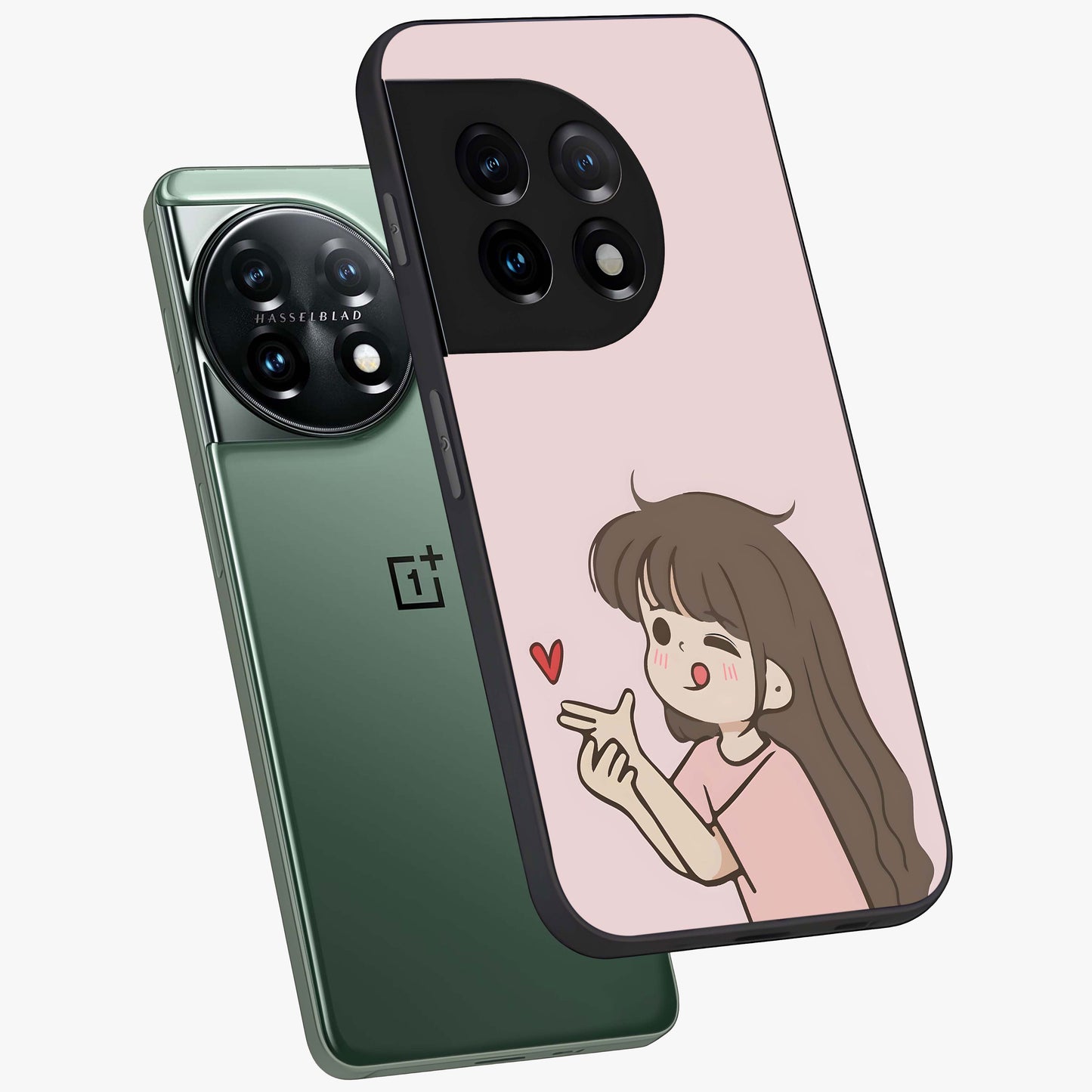 Cute Kiss Heart Glass Case for 1+11 angled mockup showcasing glossy finish and soft pastel tones