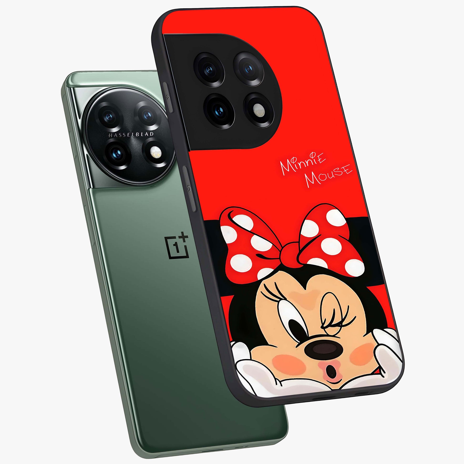 Cute Minnie Love Glass Case for 1+11 angled mockup showcasing glossy glass finish and vibrant character detailing
