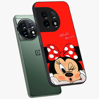 Cute Minnie Love Glass Case for 1+11 angled mockup showcasing glossy glass finish and vibrant character detailing