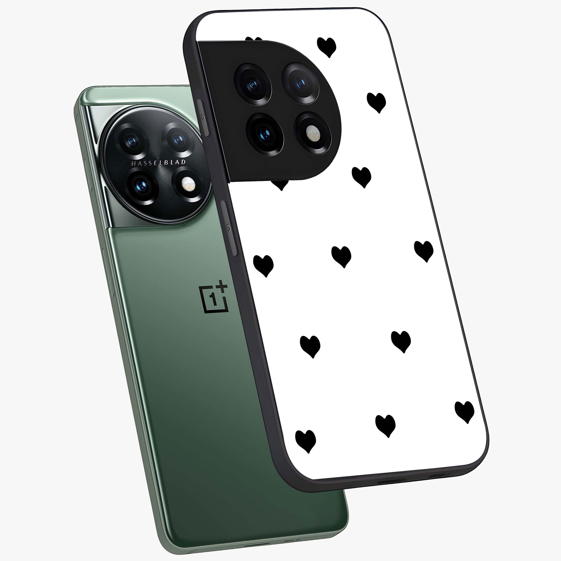 Cute Simple black Hearts Glass Case for 1+11 angled mockup showcasing glossy finish and bold shadow detailing