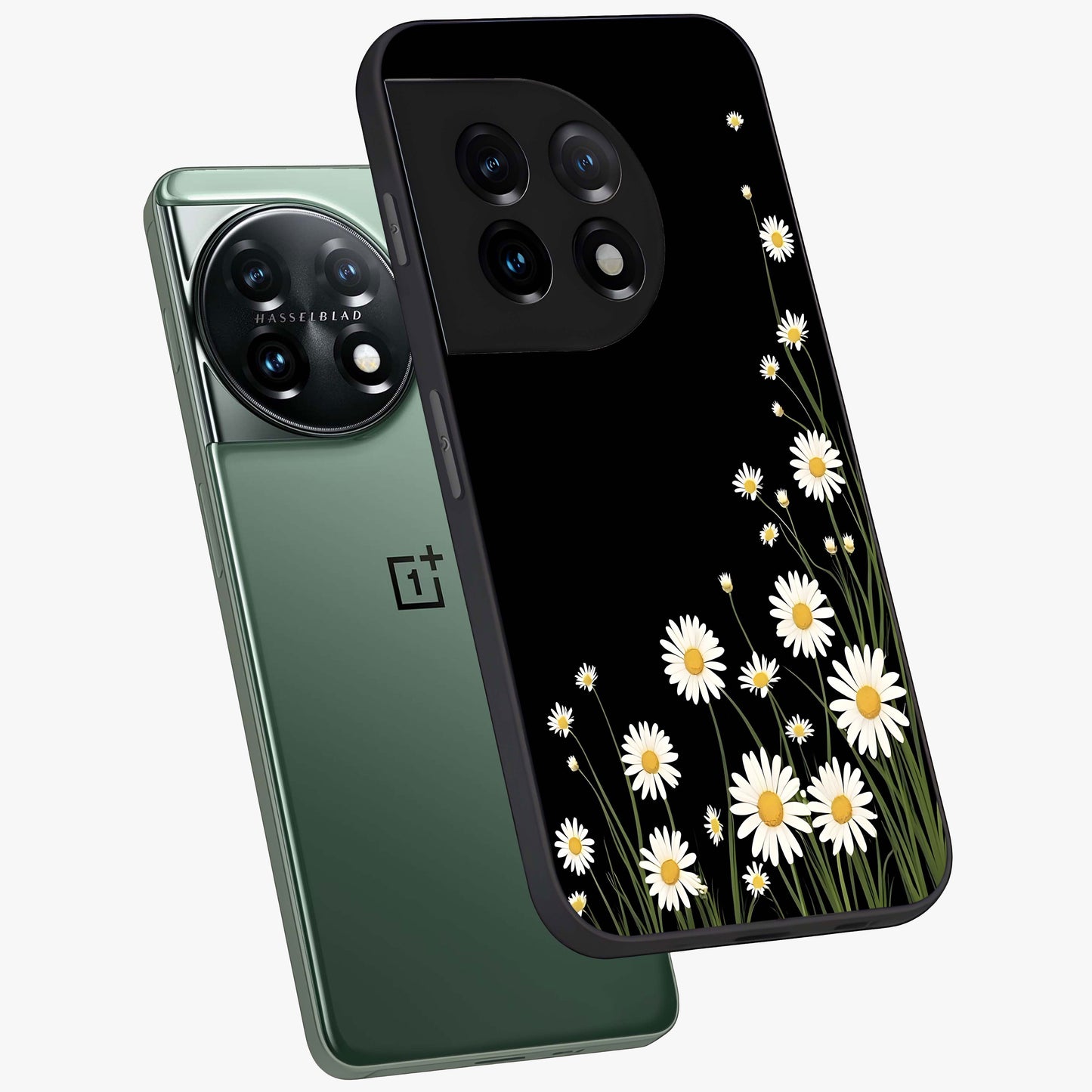 Daisy Cascade on Black Glass Case for 1+11 angled mockup showcasing glossy finish and bold floral contrast