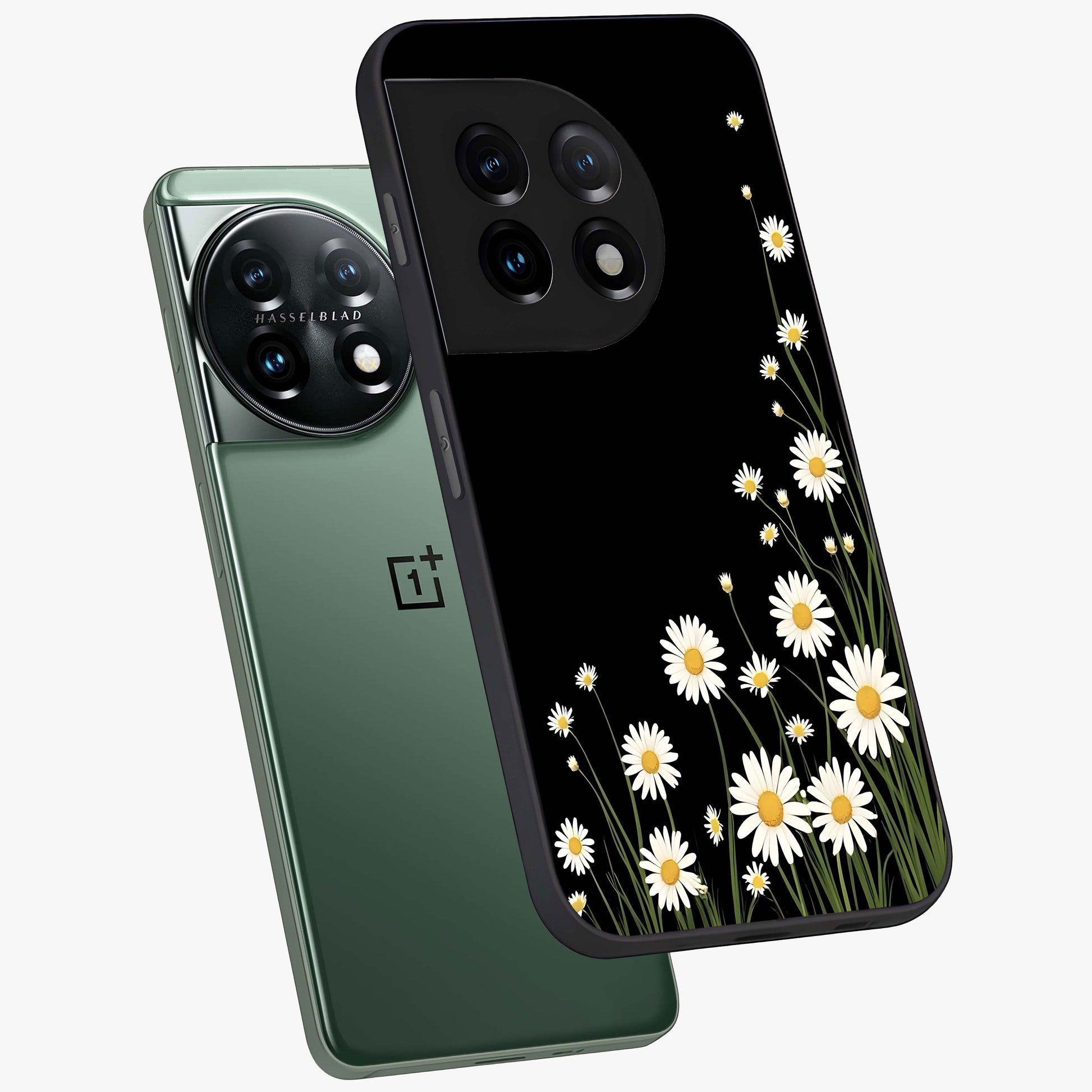Daisy Cascade on Black Glass Case for 1+11 angled mockup showcasing glossy finish and bold floral contrast
