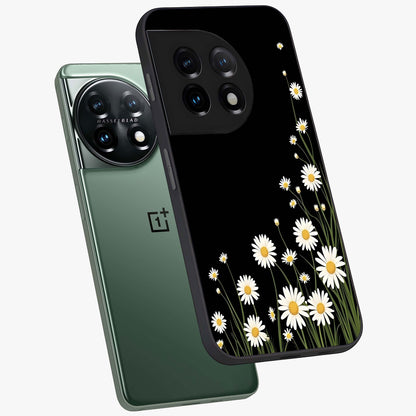 Daisy Cascade on Black Glass Case for 1+11 angled mockup showcasing glossy finish and bold floral contrast