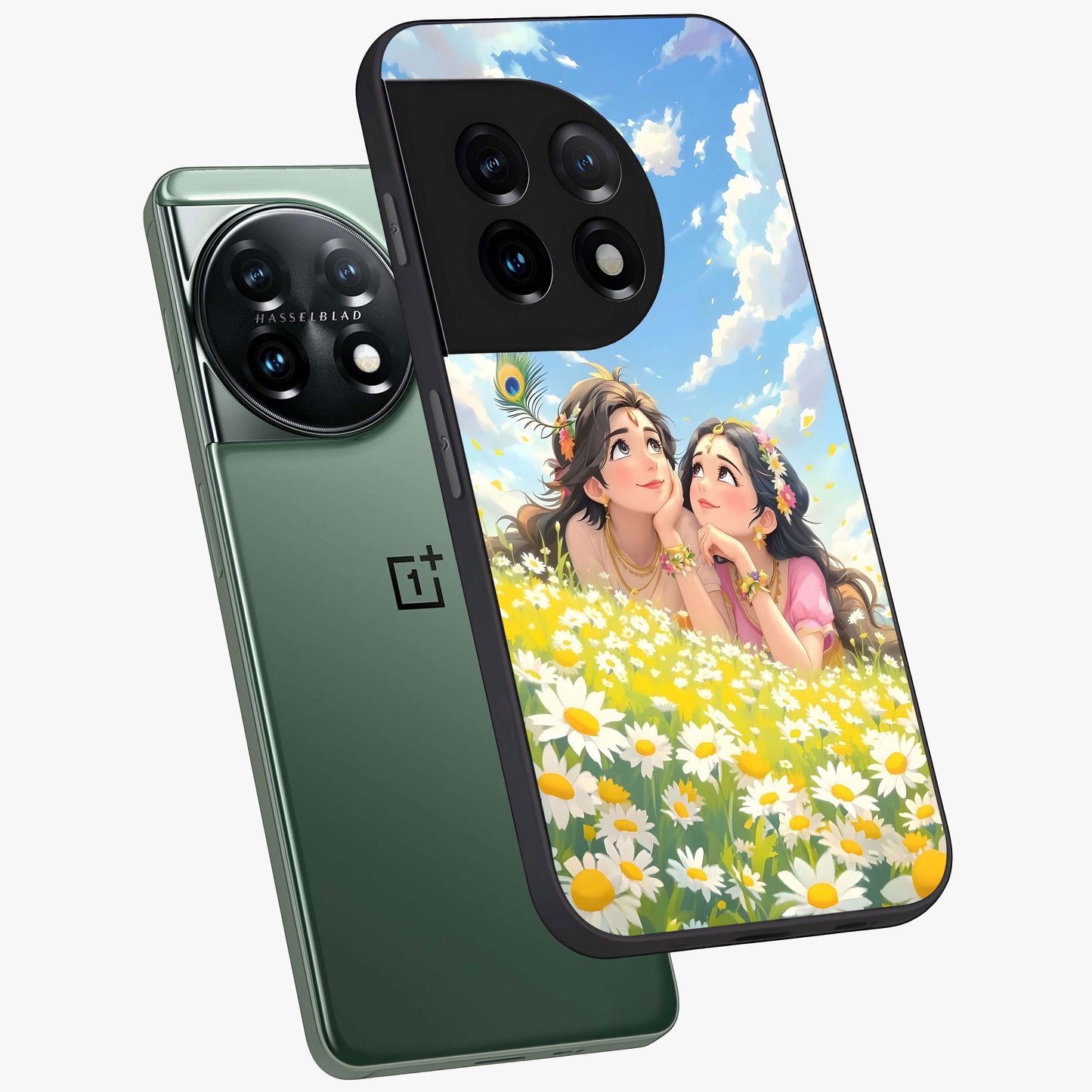 Daisy Daydream Love Glass Case for 1+11 angled mockup showcasing glossy finish and pastel bloom tones