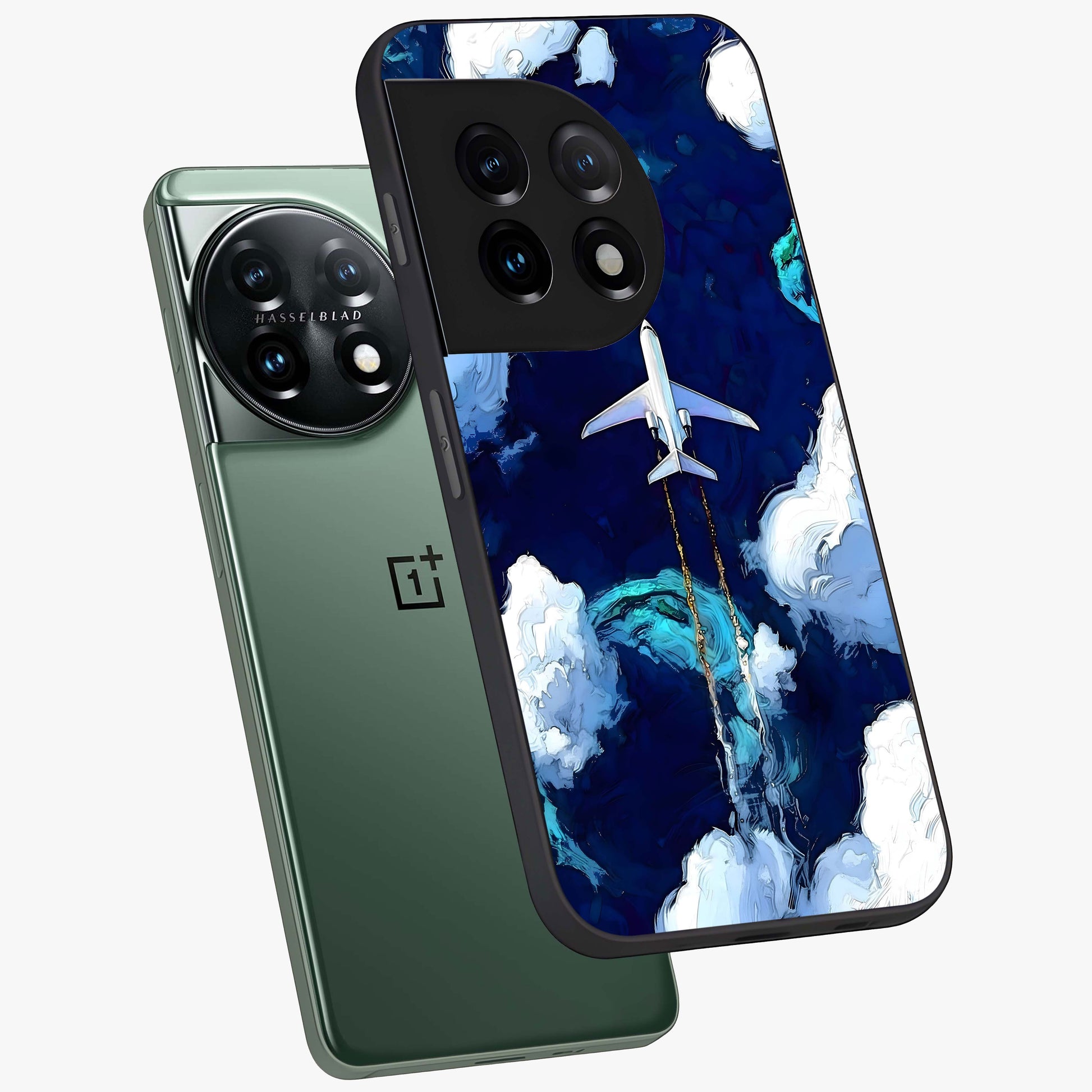 Dark Airplane Glass Case for 1+11 angled mockup showcasing glossy finish and dramatic sky tones