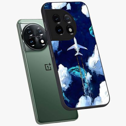 Dark Airplane Glass Case for 1+11 angled mockup showcasing glossy finish and dramatic sky tones