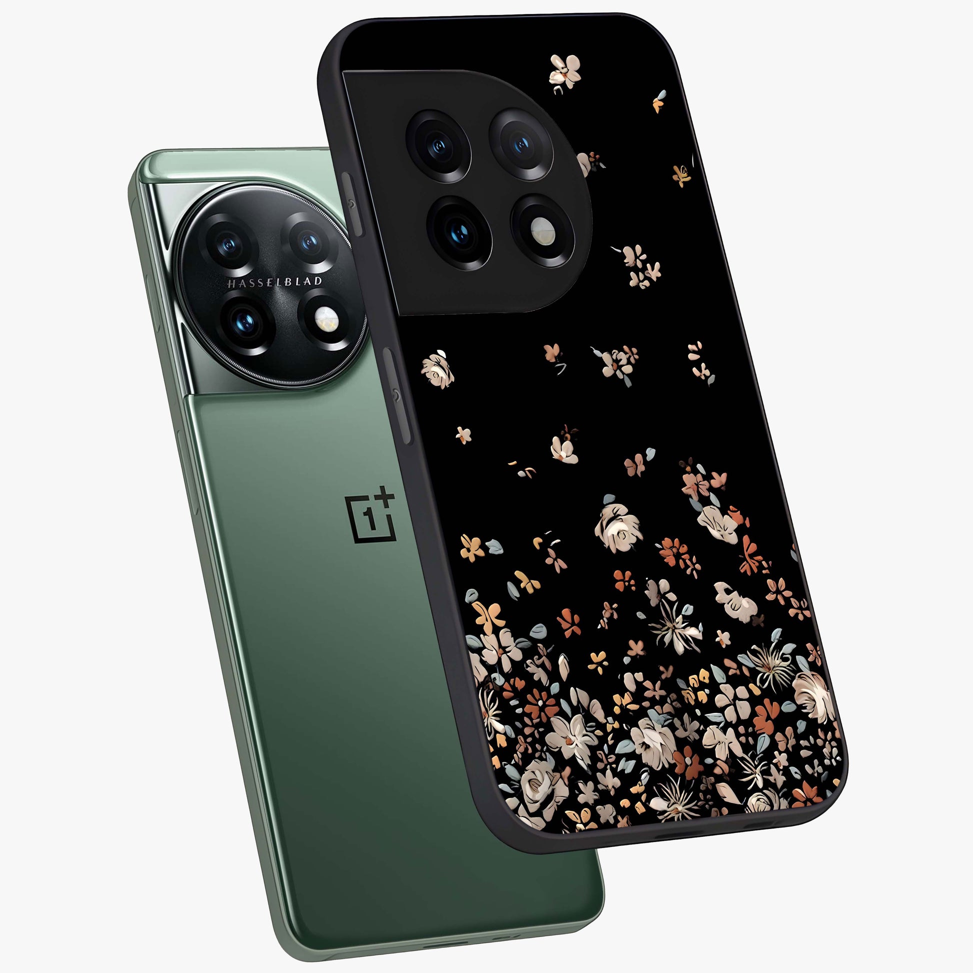 Dark Petal Aesthetic Glass Case for 1+11 angled mockup showcasing glossy finish and dramatic petal detailing