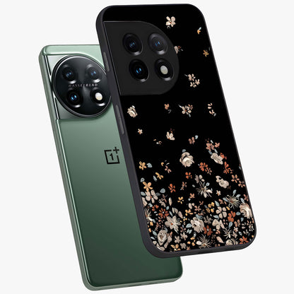 Dark Petal Aesthetic Glass Case for 1+11 angled mockup showcasing glossy finish and dramatic petal detailing