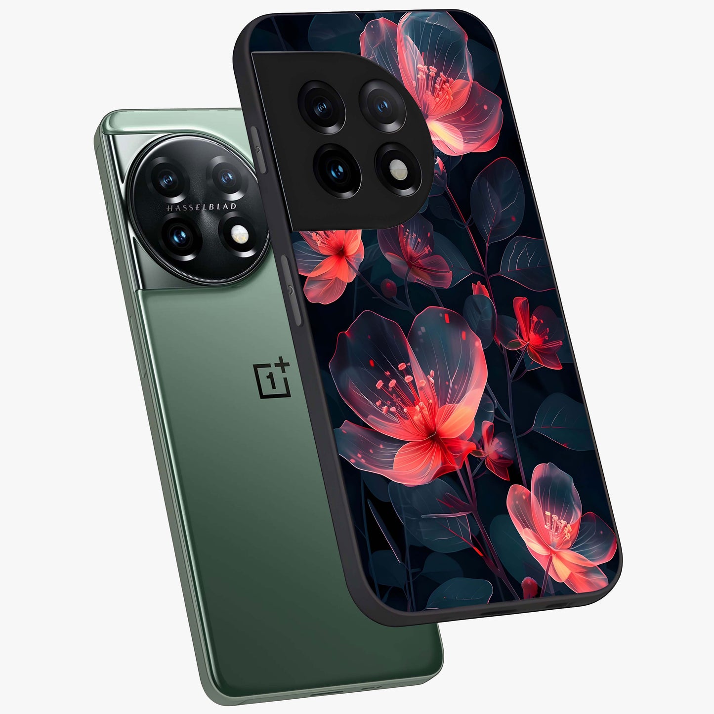 Dark Shade of Flower Glass Case for 1+11 angled mockup showcasing glossy finish and bold contrast detailing