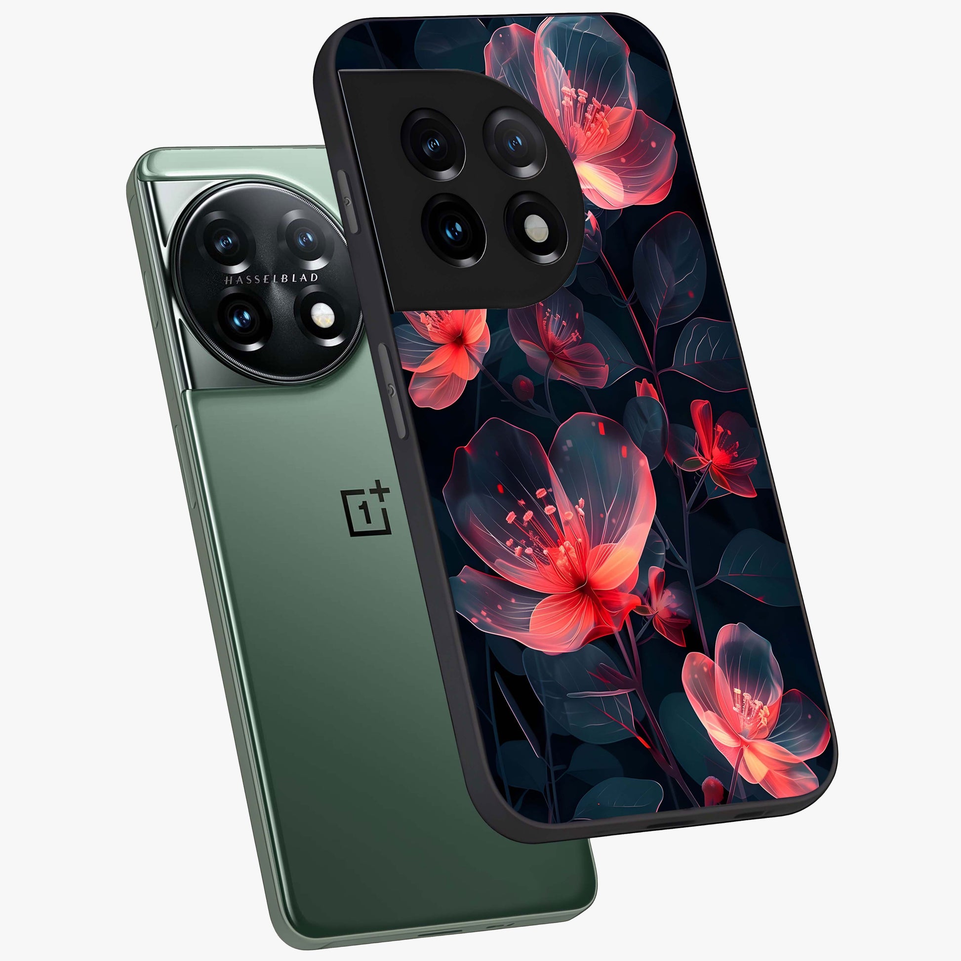 Dark Shade of Flower Glass Case for 1+11 angled mockup showcasing glossy finish and bold contrast detailing