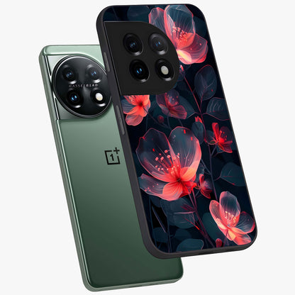 Dark Shade of Flower Glass Case for 1+11 angled mockup showcasing glossy finish and bold contrast detailing