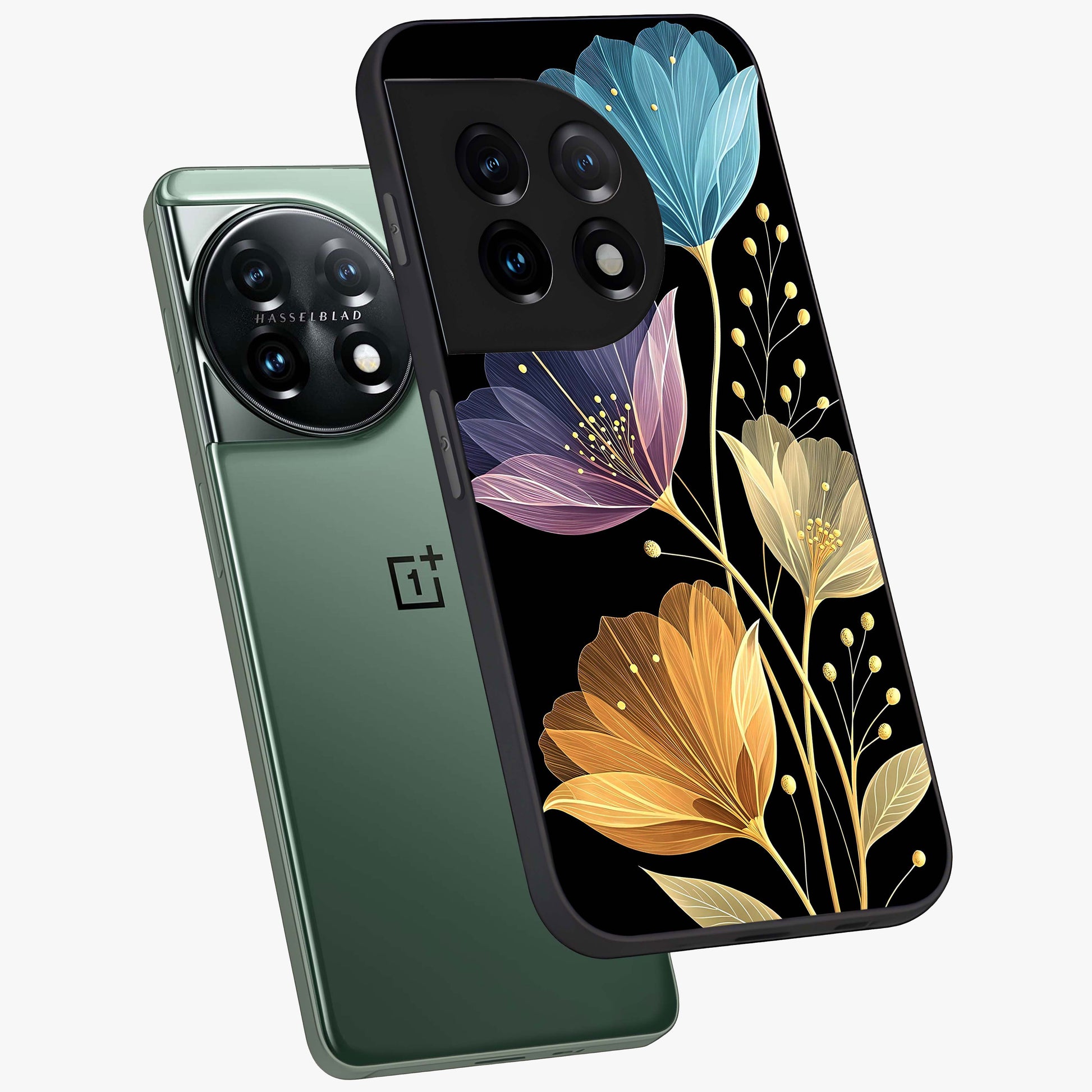 Delicate Multicolor Flowers Glass Case for 1+11 angled mockup showcasing glossy finish and pastel bloom detailing