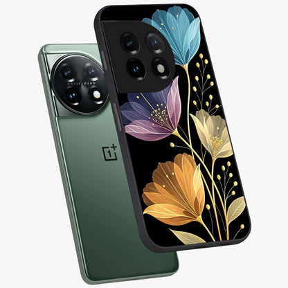 Delicate Multicolor Flowers Glass Case for 1+11 angled mockup showcasing glossy finish and pastel bloom detailing