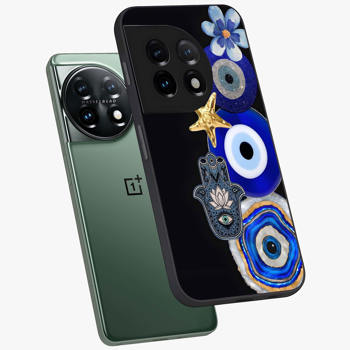 Divine Eye Bloom Glass Case for 1+11 angled mockup showcasing glossy finish and vibrant protective detailing