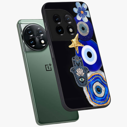 Divine Eye Bloom Glass Case for 1+11 angled mockup showcasing glossy finish and vibrant protective detailing