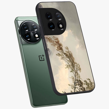 Dreamlike Wind Field Glass Case for 1+11 angled mockup showcasing glossy glass finish and dreamy landscape detailing