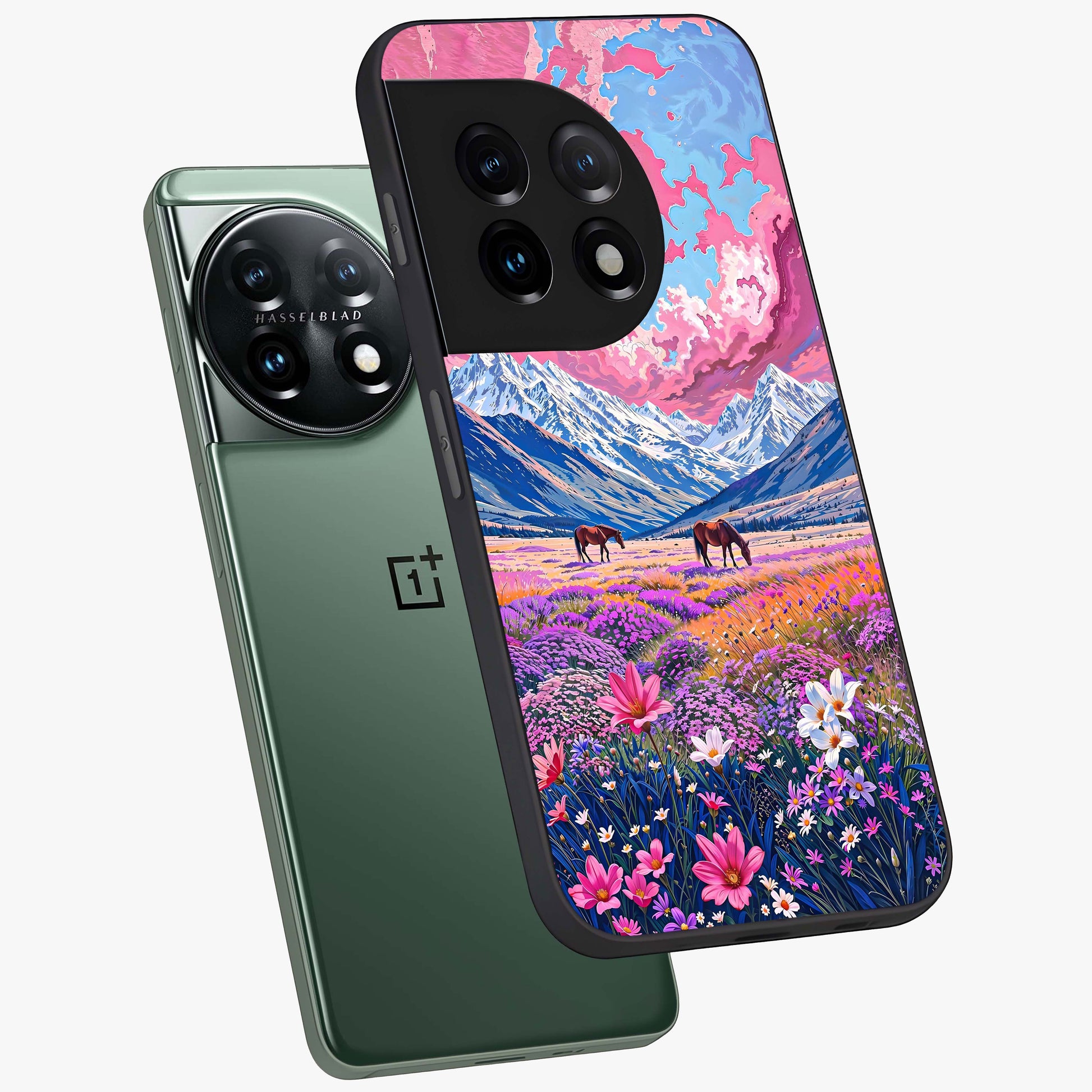 Dreamy Floral Pastures Glass Case for 1+11 angled mockup showcasing glossy finish and gentle bloom textures