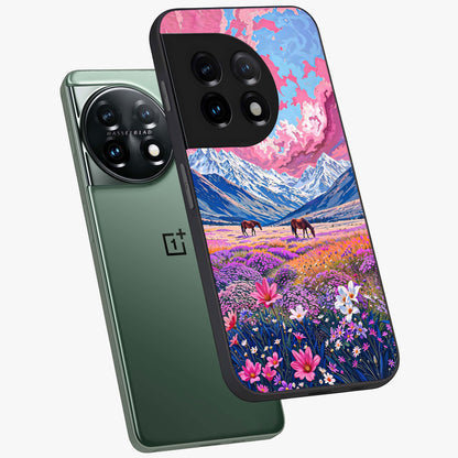 Dreamy Floral Pastures Glass Case for 1+11 angled mockup showcasing glossy finish and gentle bloom textures