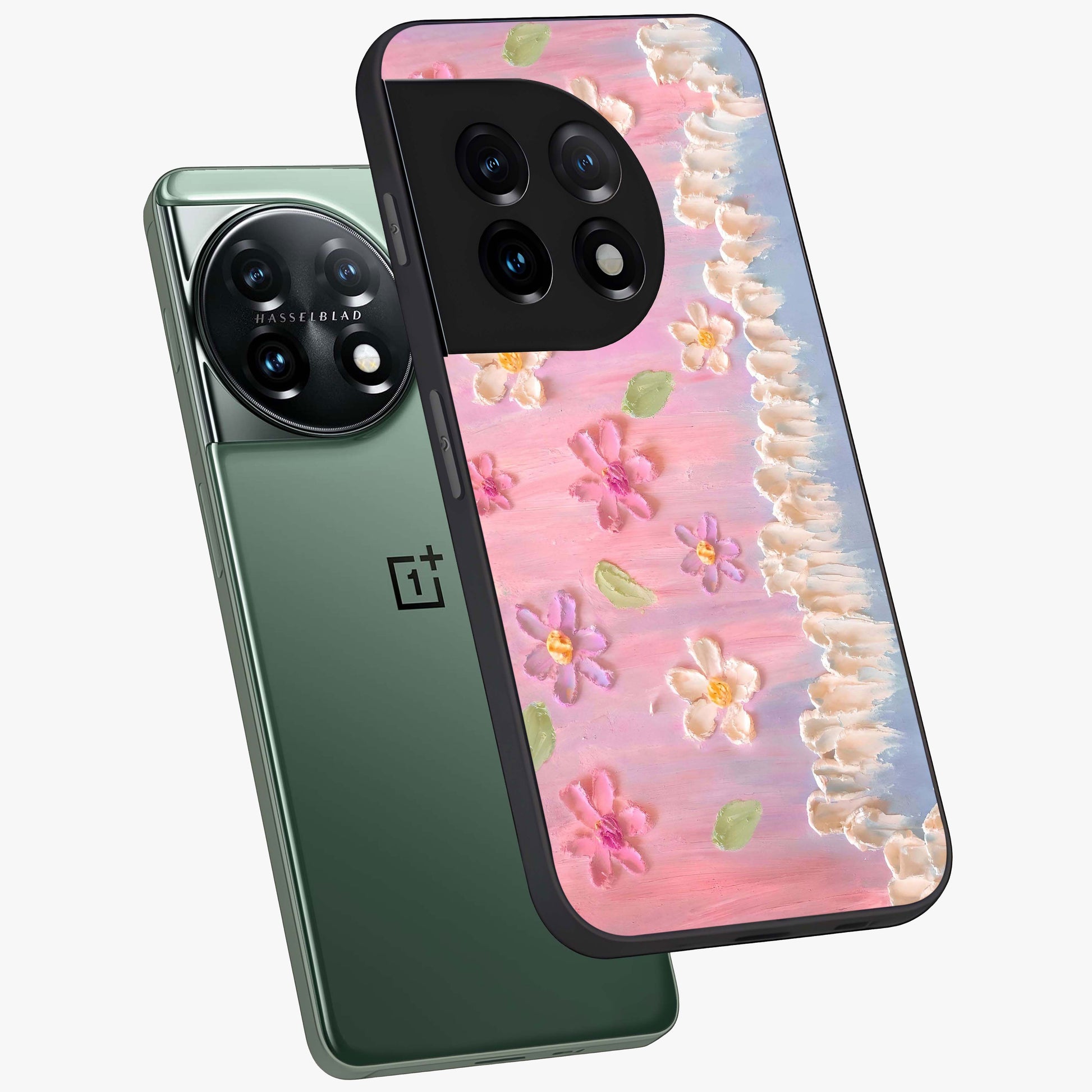 Dreamy Painted Garden Glass Case for 1+11 angled mockup showcasing glossy finish and vibrant brushstroke textures
