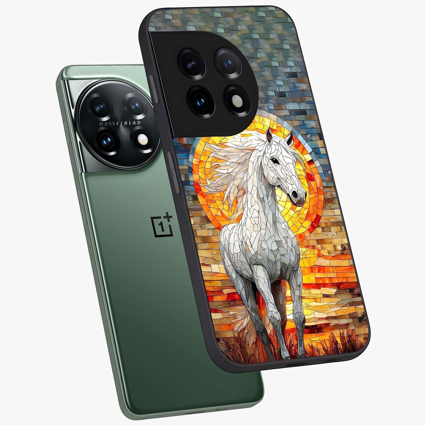Elected Horse Glass Case for 1+11 angled mockup showcasing glossy finish and dynamic equestrian detailing