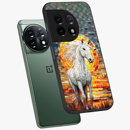 Elected Horse Glass Case for 1+11 angled mockup showcasing glossy finish and dynamic equestrian detailing