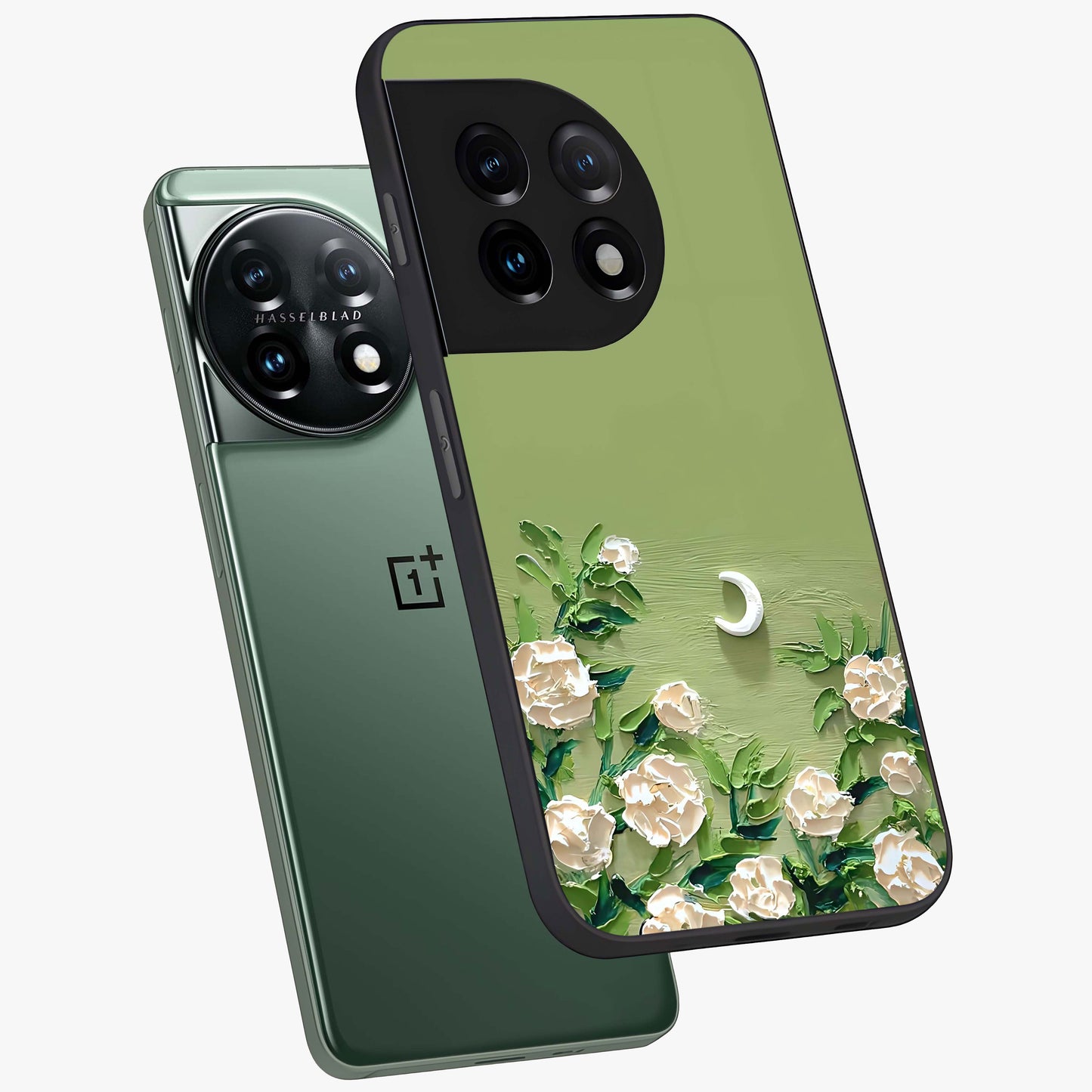Emerald Bloom Calm Glass Case for 1+11 angled mockup showcasing glossy finish and rich green tones