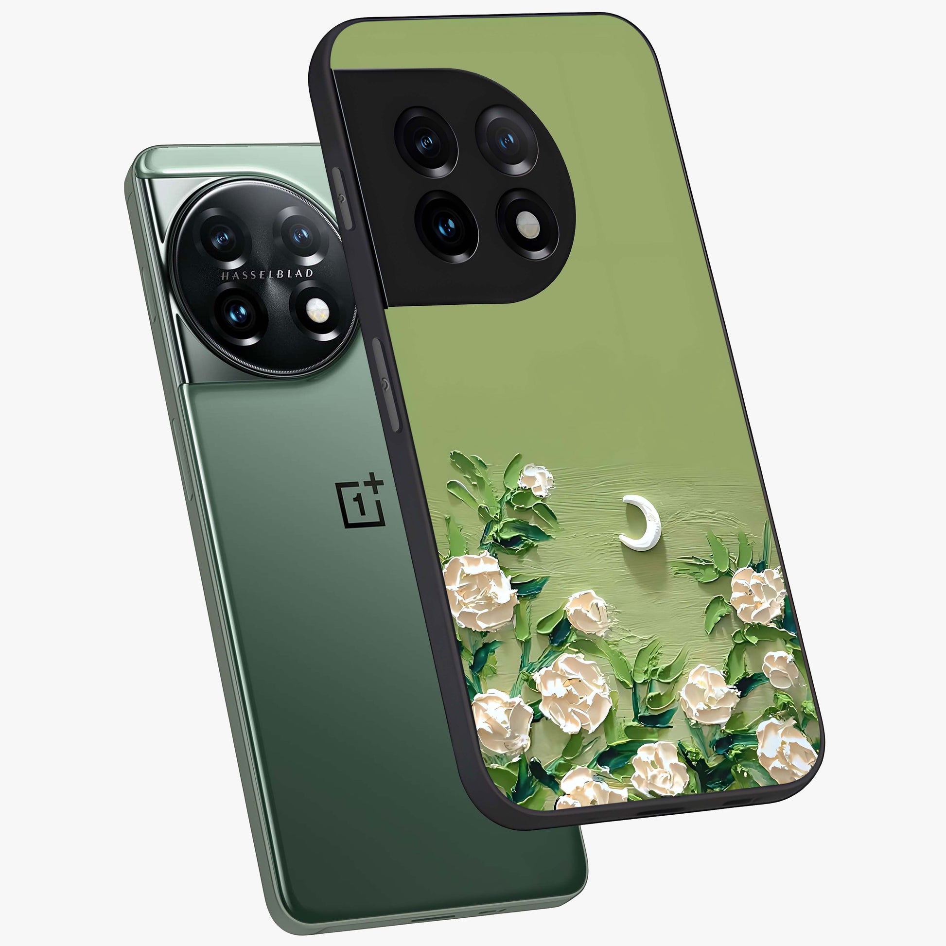 Emerald Bloom Calm Glass Case for 1+11 angled mockup showcasing glossy finish and rich green tones