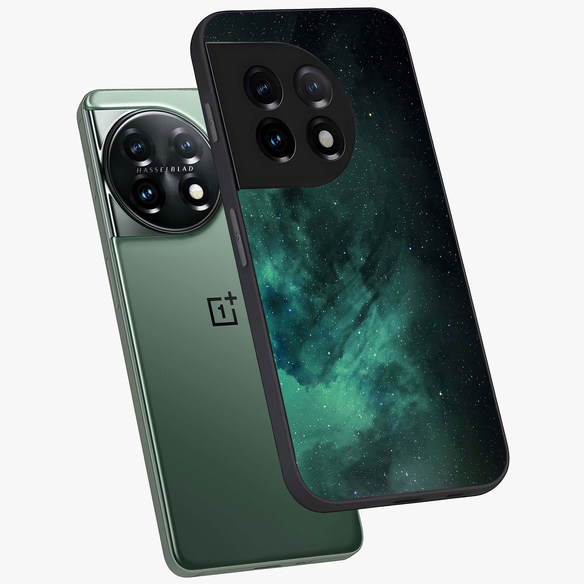Emerald Green Space Glass Case for 1+11 angled mockup showcasing glossy finish and bold emerald gradients