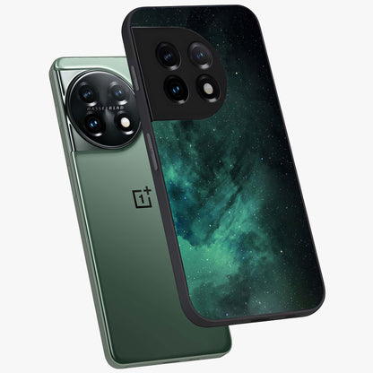 Emerald Green Space Glass Case for 1+11 angled mockup showcasing glossy finish and bold emerald gradients