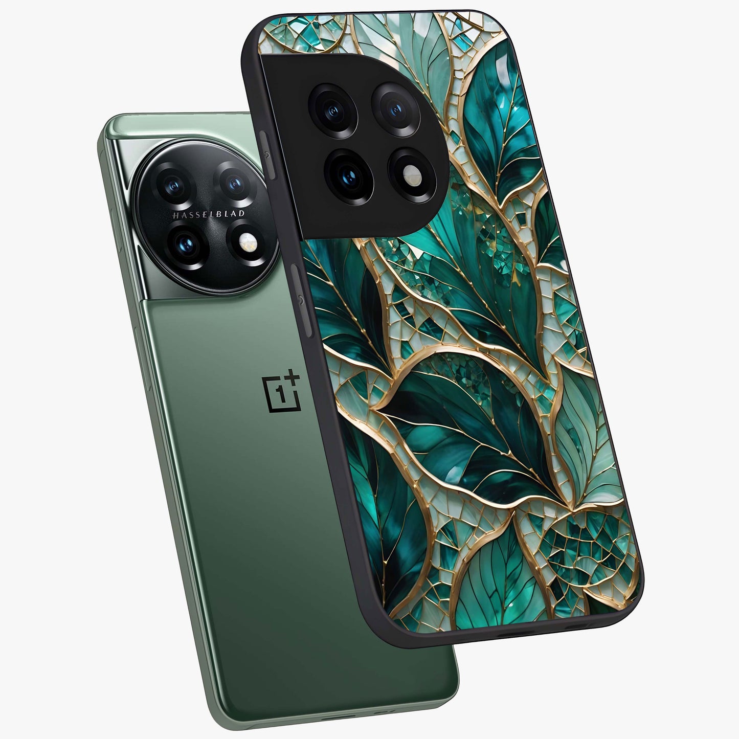 Emerald Leaf Glass Case for 1+11 angled mockup showcasing glossy finish and natural botanical tones